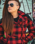woman with sunglasses wearing red and black flannel-style women's jacket from moto girl