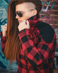 woman with sunglasses wearing red and black flannel-style women's jacket from moto girl