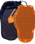 D3O Orange protective pad with geometric pattern next to a blue drawstring bag on a white background