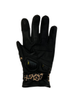 a palm of Black women's motorcycle glove with colourful leopard skin details and with paw print details on the index and middle fingers.