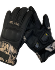 black women's motorcycle gloves with camo details and with paw print details on the index and middle fingers.