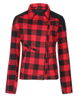 zipped red and black flannel style women's jacket with front side zipper