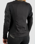 Black jacket worn by a person on a white background