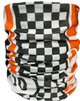 Checkered neck gaiter with orange and black patterns on a white background