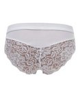 close-up of the back of a white high-hip briefs with lace inserts details from Tramonte.