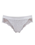 close-up of the front of a white high-hip briefs with lace inserts details from Tramonte.