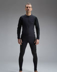 a man wearing Pando Moto black base layer shirt and leggings