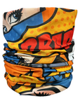 Colorful neck gaiter with comic book-style design on a white background