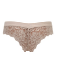 Close-up of the back of a nude-colored Brazilian brief with lace flounce details from Tramonte.