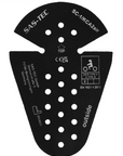 Black SAS-TEC bicycle fuel tank gasket with white printed text, certification marks, and ventilation holes on a white background.