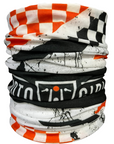 Stack of patterned neck gaiters on a white background