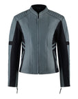 grey and black motorcycle leather jacket for women with front zipper