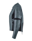 a side of grey and black motorcycle leather jacket for women
