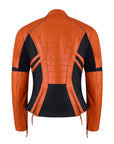 the back of bright orange motorcycle leather jacket for women with two hip zippers