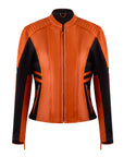 bright orange motorcycle leather jacket for women with front zipper