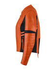 a side of a bright orange motorcycle leather jacket for women with front zipper