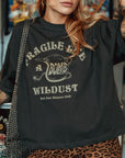 a young woman wearing off-black wide cut short sleeve women's motorcycle t-shirt with helmet motive and Fragile like a bomb logo