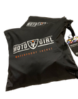 Black waterproof jacket packaging with 'Moto Girl' branding on a white background