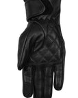 A palm side of a black leather lady motorcycle glove with a zipper from Rusty Stitches