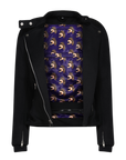 colourful inner lining of a black retro style woman's motorcycle jacket with silver zip details