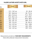 Size chart for female motorcycle leather jacket valerie from motogirl