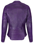 the back of purple Valerie leather jacket from moto girl with two zip details on the lower back