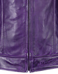 close shot of front zipper of purple Valerie leather jacket