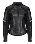 Black leather women's motorcycle jacket with reflectors on the sleeves from Moto Girl