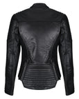 the back of black leather Valerie jacket with two zipper details from moto girl