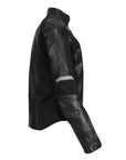 The side of Black leather women's motorcycle jacket with reflectors on the sleeves from Moto Girl