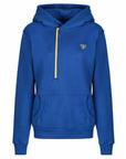 Blue and yellow motorcycle helmet hoodie from Moto Girl from front zipped up