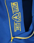 Blue and yellow motorcycle helmet hoodie from Moto Girl close up