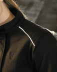 A reflective stripe a black motorcycle jacket from Moto Girl