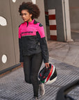 A young woman pink DRIFT motorcycle jacket from Shima