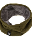 Knitted khaki green neck warmer with grey fake fur inside from moto girl