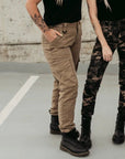 Women legs wearing beige and camo motorcycle cargo pants Lara from moto Girl