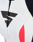 A close up of woman's chest wearing Women's racing suit MIURA RS in black, white and fluo from Shima