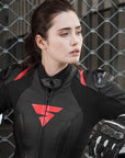 A young woman wearinh Black and red women's motorcycle racing suit from Shima