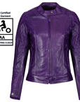 purple Valerie leather jacket from moto girl with safety certificate AA