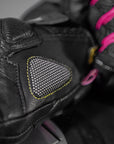 A close up of a palm of Black and pink women's motorcycle gloves Rush lady from Shima