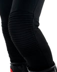 Black women's motorcycle ribbed knee design leggings from MotoGirl close up photo of a knee
