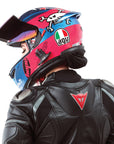 A woman wearing the helmet with the hightail bike hair protector