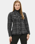 Woman wearing a gray plaid shirt on a white background