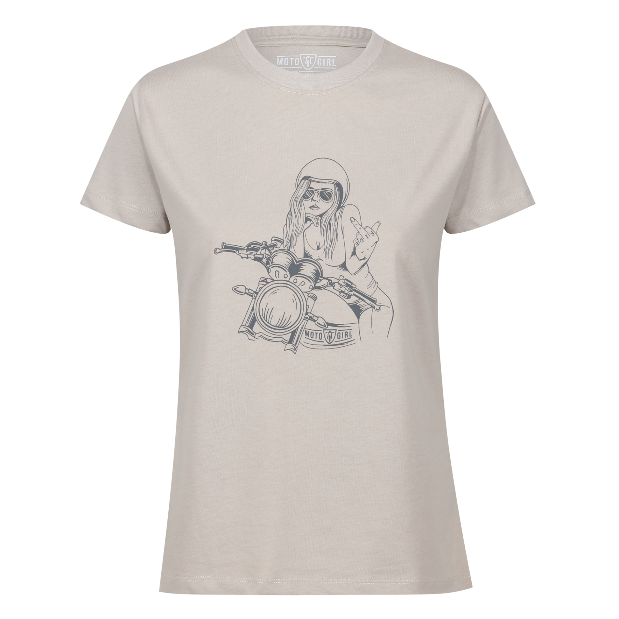 Sand-colored t-shirt from MotoGirl featuring a dark grey print of a long-haired female motorcyclist sitting on a motorcycle, wearing sunglasses and a helmet.