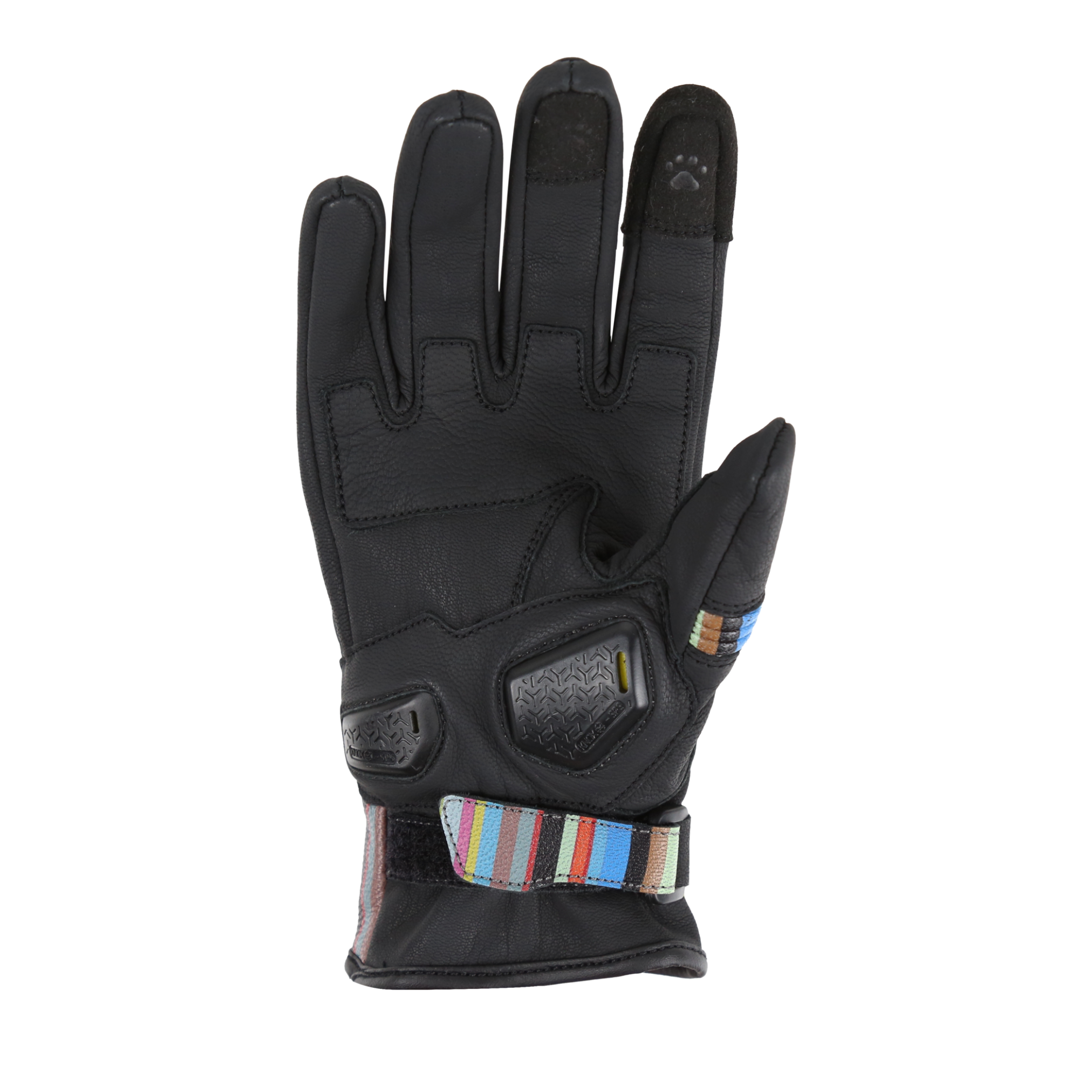 A palm of black women’s motorcycle gloves with colorful stripe details and paw prints on the index and middle fingers.