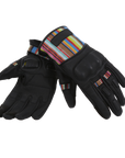 simple black women’s motorcycle gloves with colorful stripe details and paw prints on the index and middle fingers.