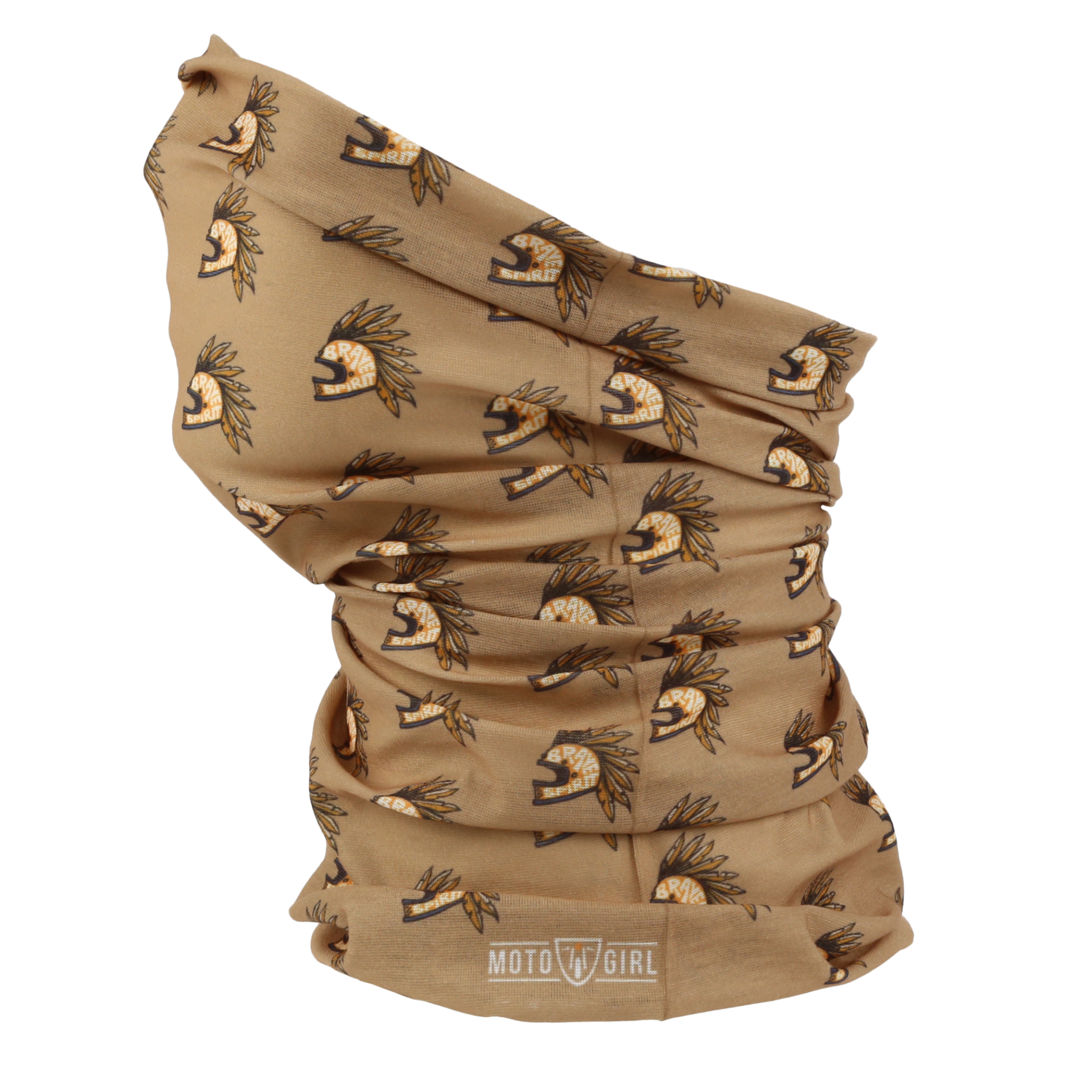 Astec bandana in sand color, featuring a pattern of  motorcycle helmets with feather-like details flowing down the sides, and a white MotoGirl logo.