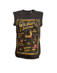 Black t-shirt with a woman wearing a Motorcycle helmet with the text "Wildust sister" 