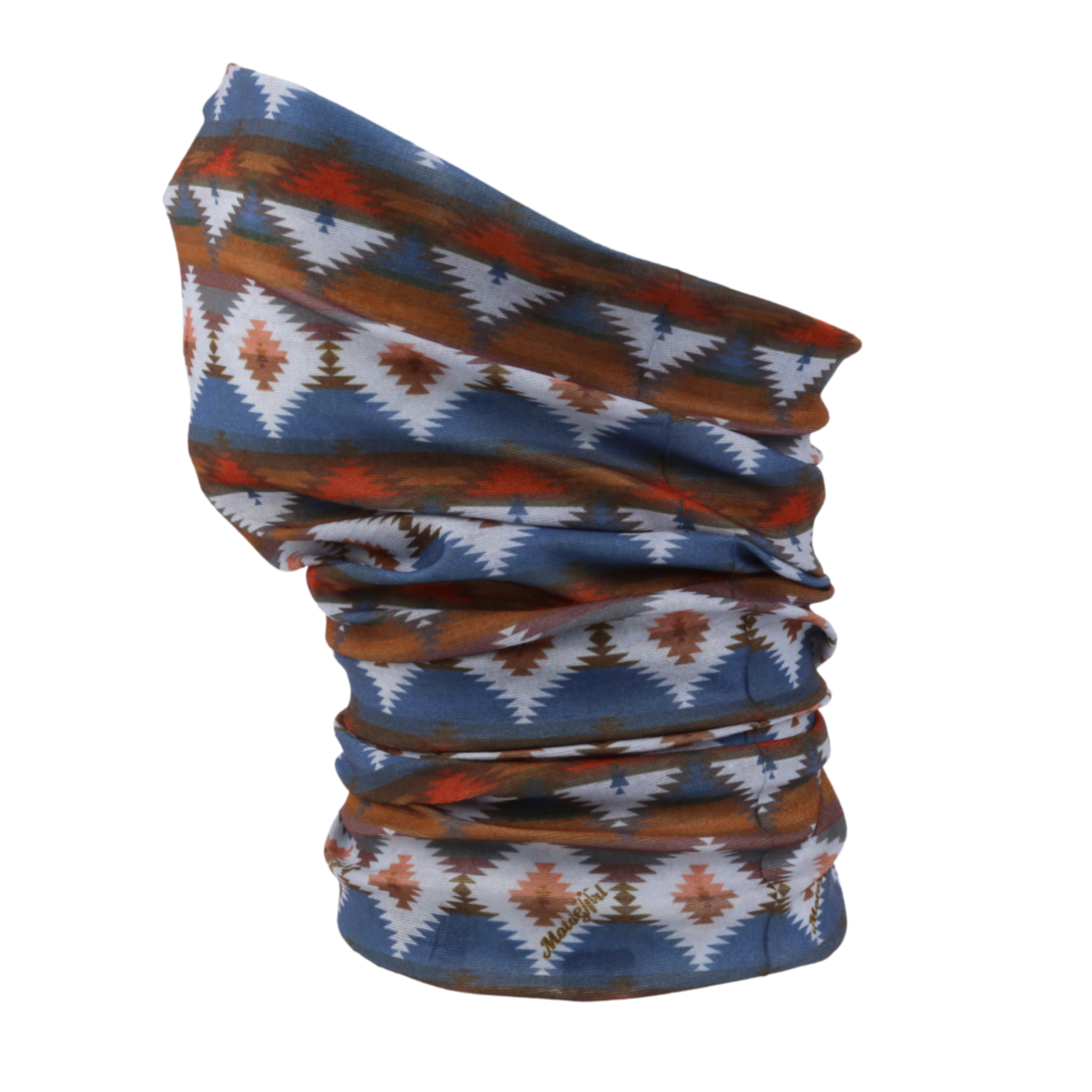 ASTEC bandana worn as a face mask, featuring a print in shades of red, brown, and blue.