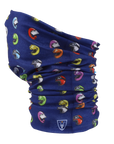 Helmet bandana in dark blue, featuring a pattern of various motorcycle helmets in different colors with MotoGirl logo. 